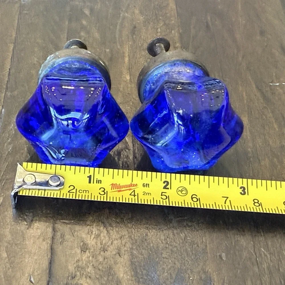 Vtg Victorian Crown Cobalt Blue Cut Glass Drawer Knobs Pulls Brass Lot of 2